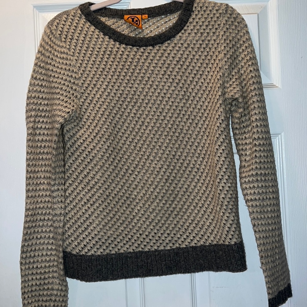 Tory Burch Two-Tone Cream and Charcoal Knit Crewneck Sweater